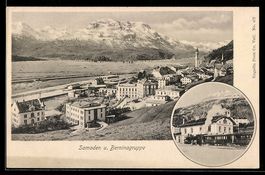 AK Samaden, Ortsansicht mit Bahnhof & Berninagruppe