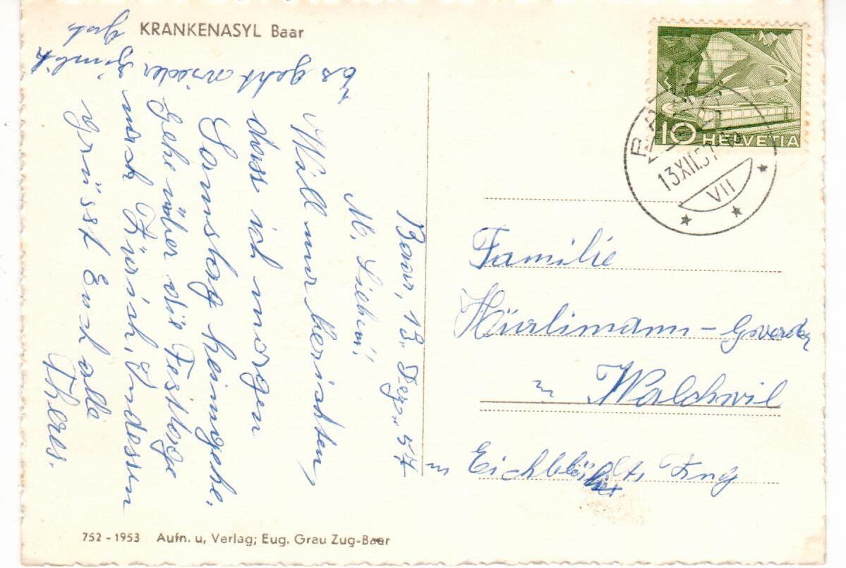 Cartoline postali: Krankenasyl  Baar 1957 – Usato da Wolhusen venduto da Curver9 1