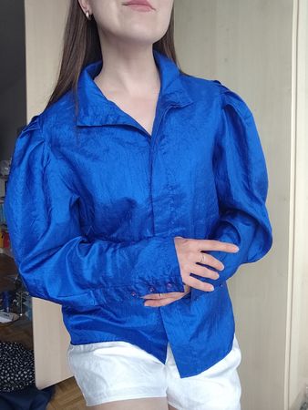 Vintage Blue Blouse with Puffy Sleeves - Size S-M
