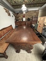 Antike Essgruppe Holz geschnitzt mit Sitzbank + 3 Stühle