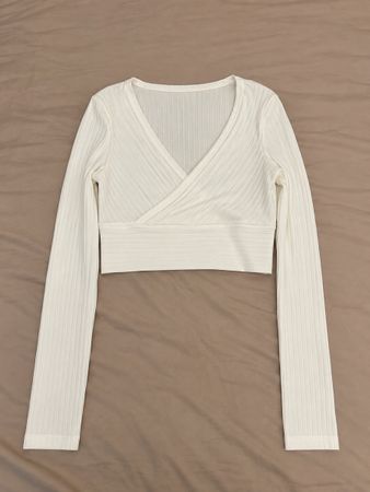 Damen Langarmshirt Wickeloptik gerippt weiss neuwertig