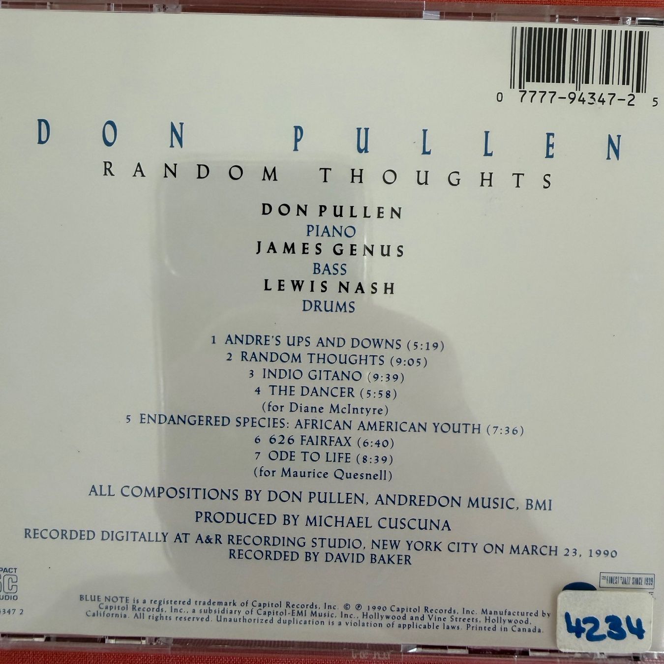 CD: Don Pullen – Random Thoughts (CD Blue Note) 1990 Lewis Nash – Usato da Zug venduto da Mirare9 2