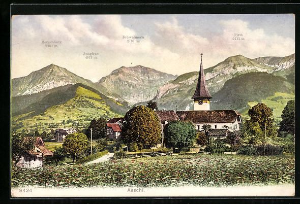 Cartoline postali: Aeschi, Ortsansicht mit Morgenberg und F – Usato da Berlin venduto da bartko-reher
