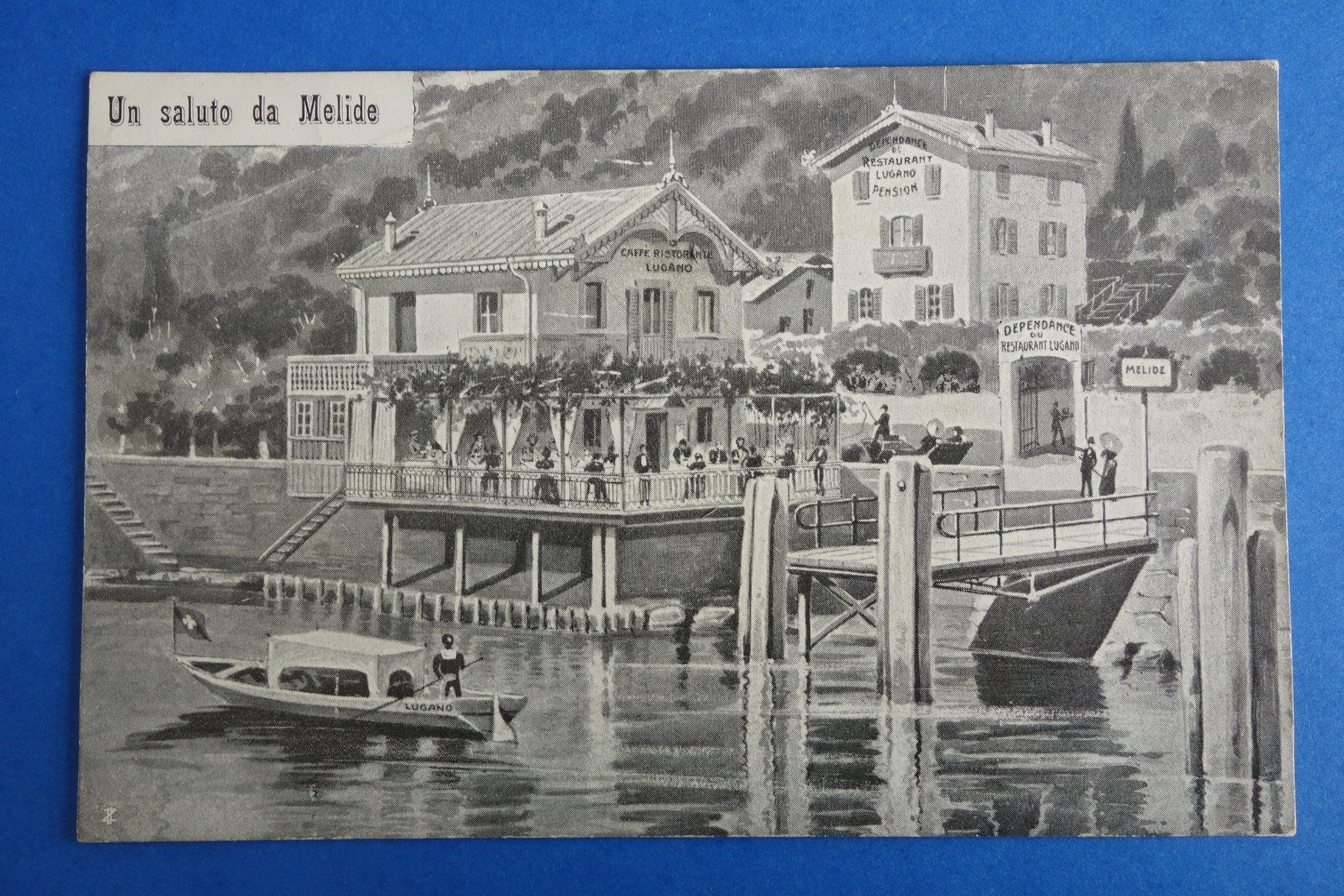 Cartoline postali: MELIDE - un saluto da Melide - -Ristorante Lugano - 1908 – Usato da Ibach venduto da Ibanto