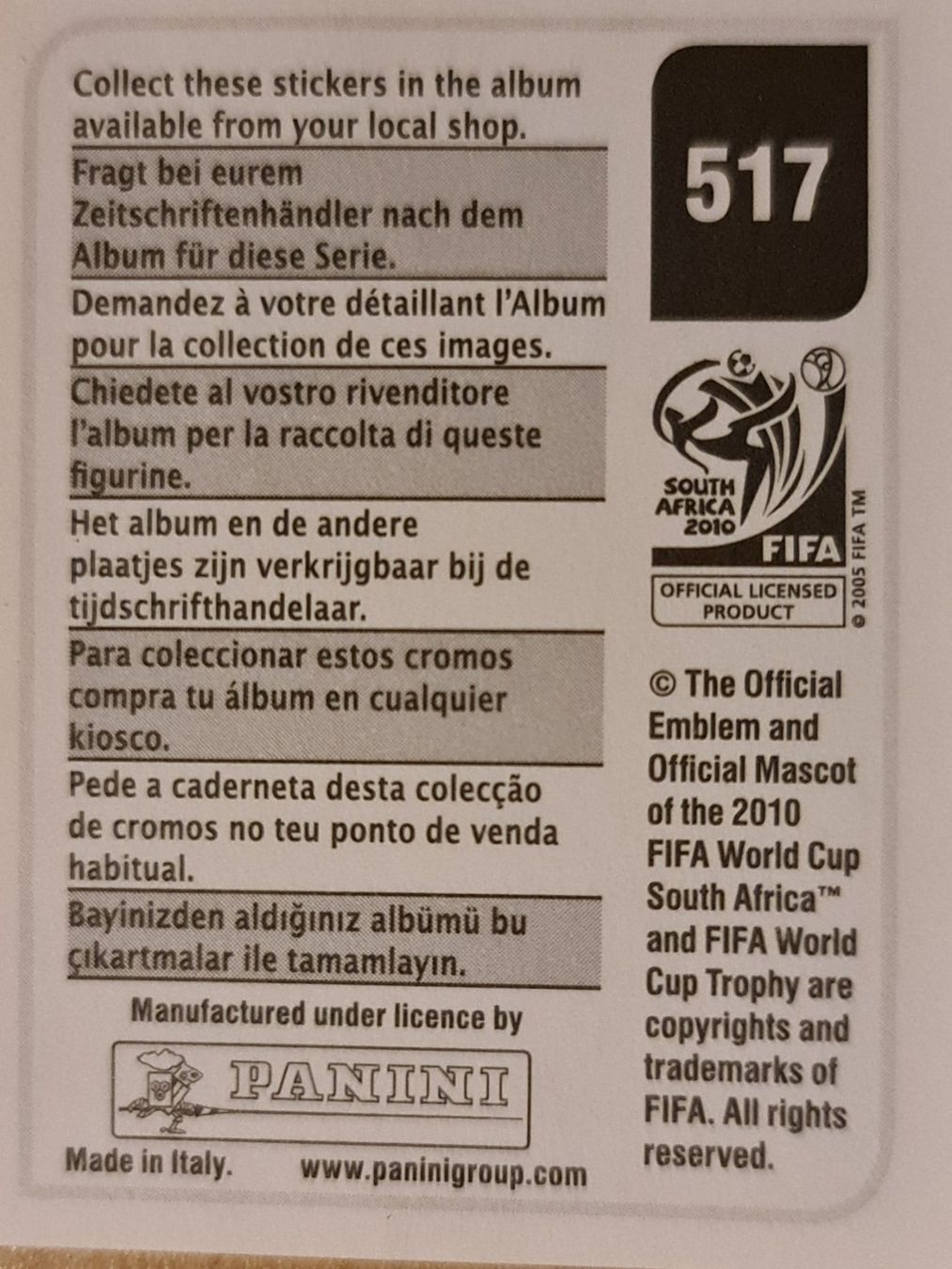 Panini Sammelbilder & Trading cards: Panini WM 2010 Nr. 517 – Neu (gemäss Beschreibung) aus Dintikon von Prime-shop 1
