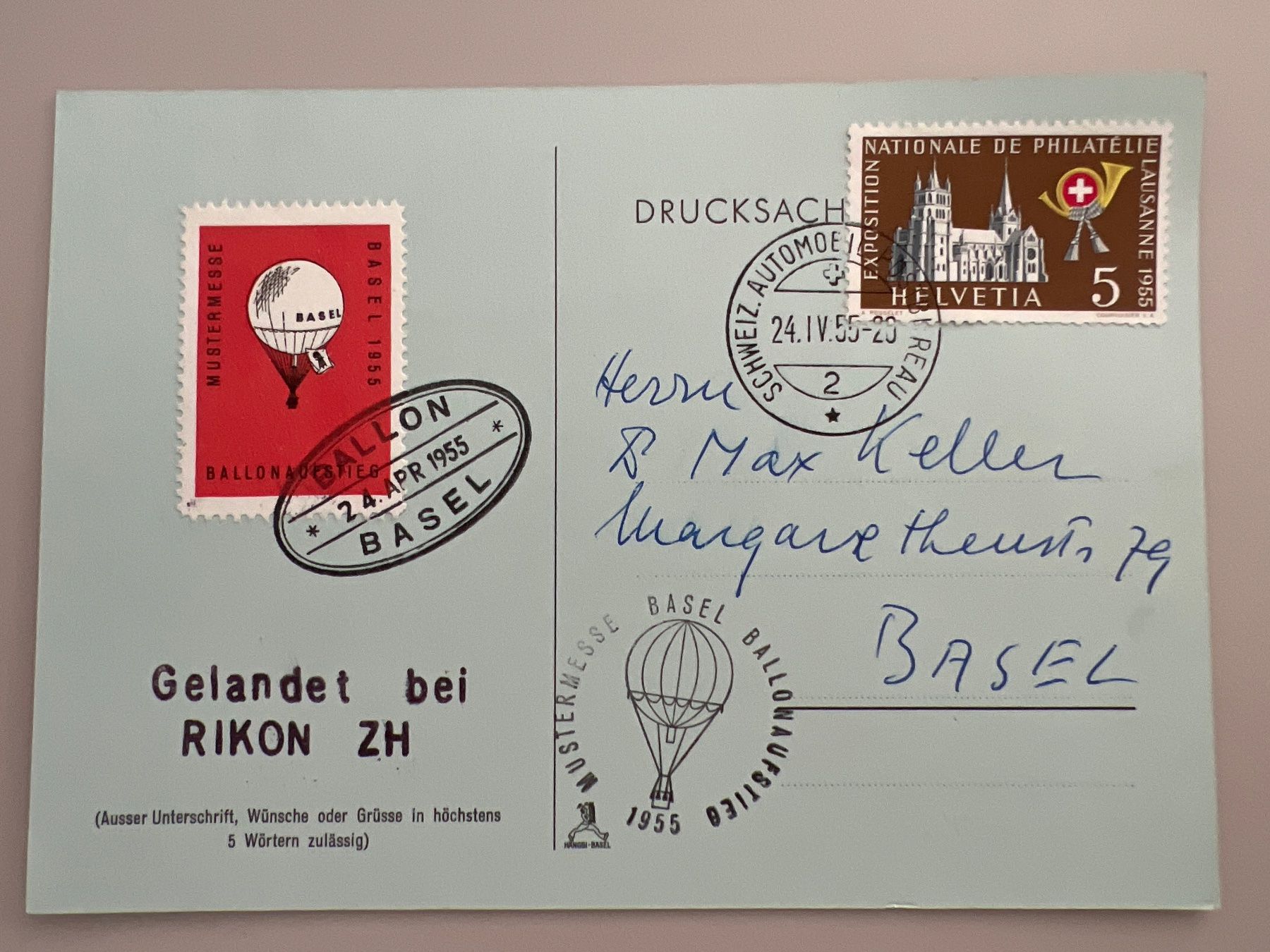 Tutti i francobolli: Ballonpost mit Vignette Mustermesse Basel 1955 – Usato da Buchrain venduto da wmm