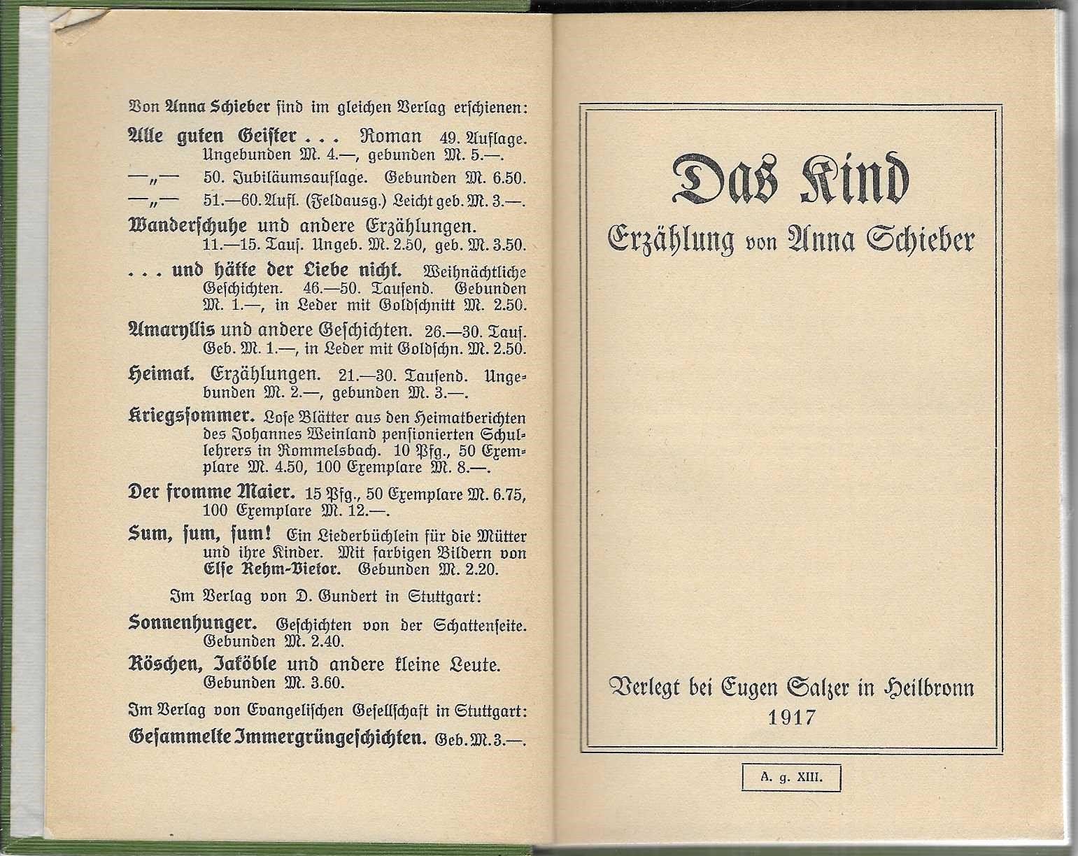 Libri: Das Kind Anna Schieber, Erstausgabe 1917 – Usato da Flims - Dorf venduto da Stagediver 2