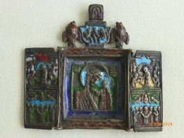 Antike Reise Ikone aus Russland. Bronze mit Email.