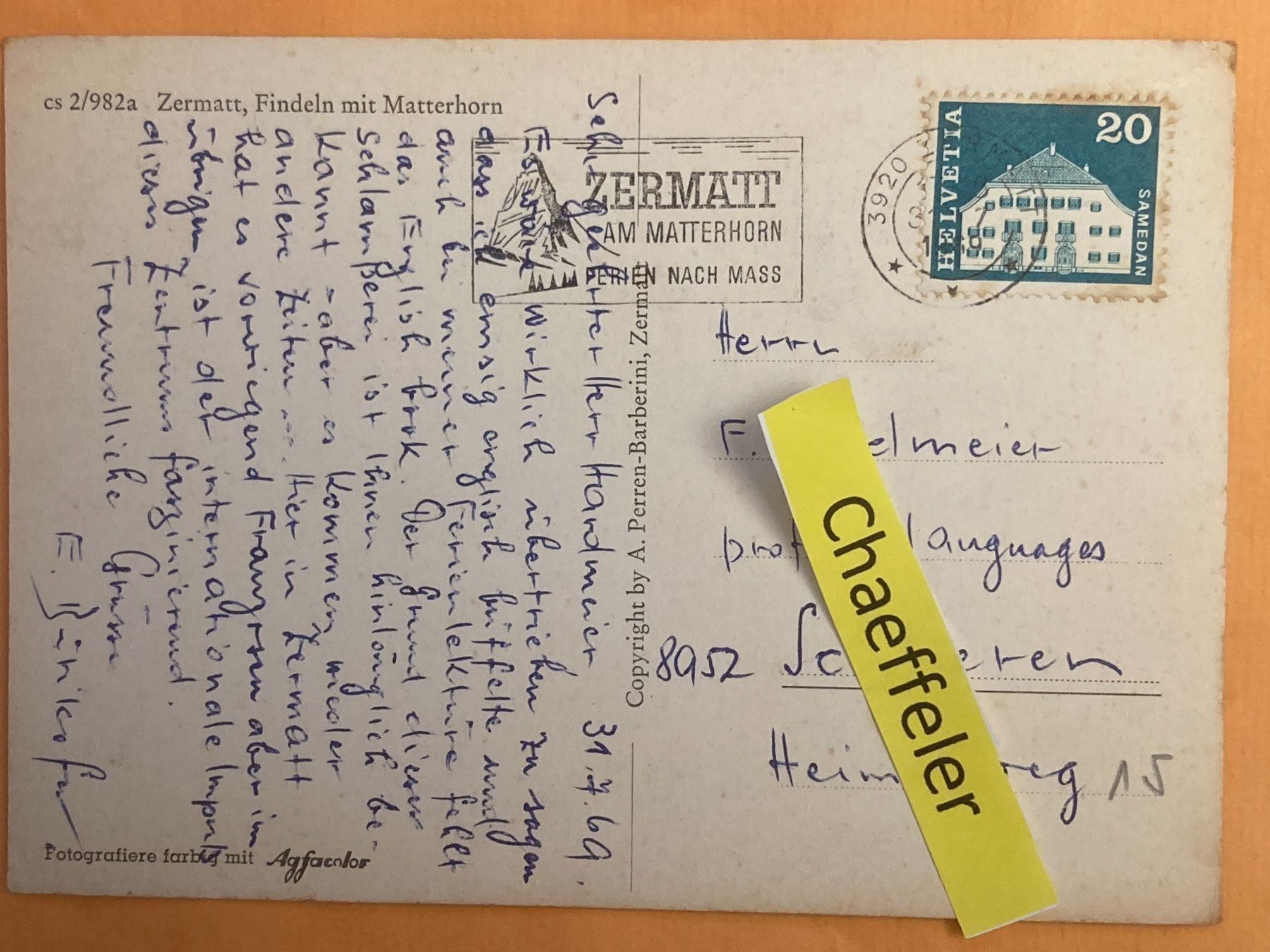 Cartoline postali: 1969.  Zermatt, Findeln mit Matterhorn – Usato da Zürich venduto da Chaeffeler 1