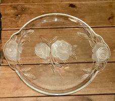 Glasplatte Servierplatte mit Rosenmuster, Vintage Style