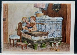 NE, Postkarte "Kinder am Ofen", Albert Anker Bild, 1933