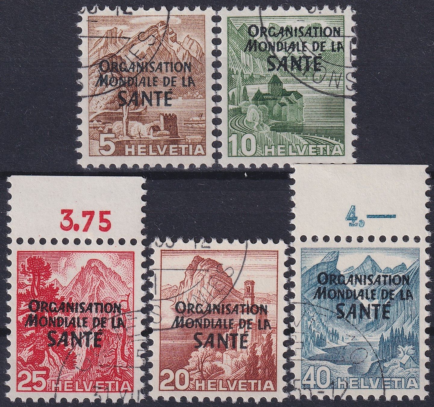 Tutti i francobolli: OMS, Nr. 1-5 Satz mit Eck-Stempel. – Usato da Sursee venduto da Luzernerraute