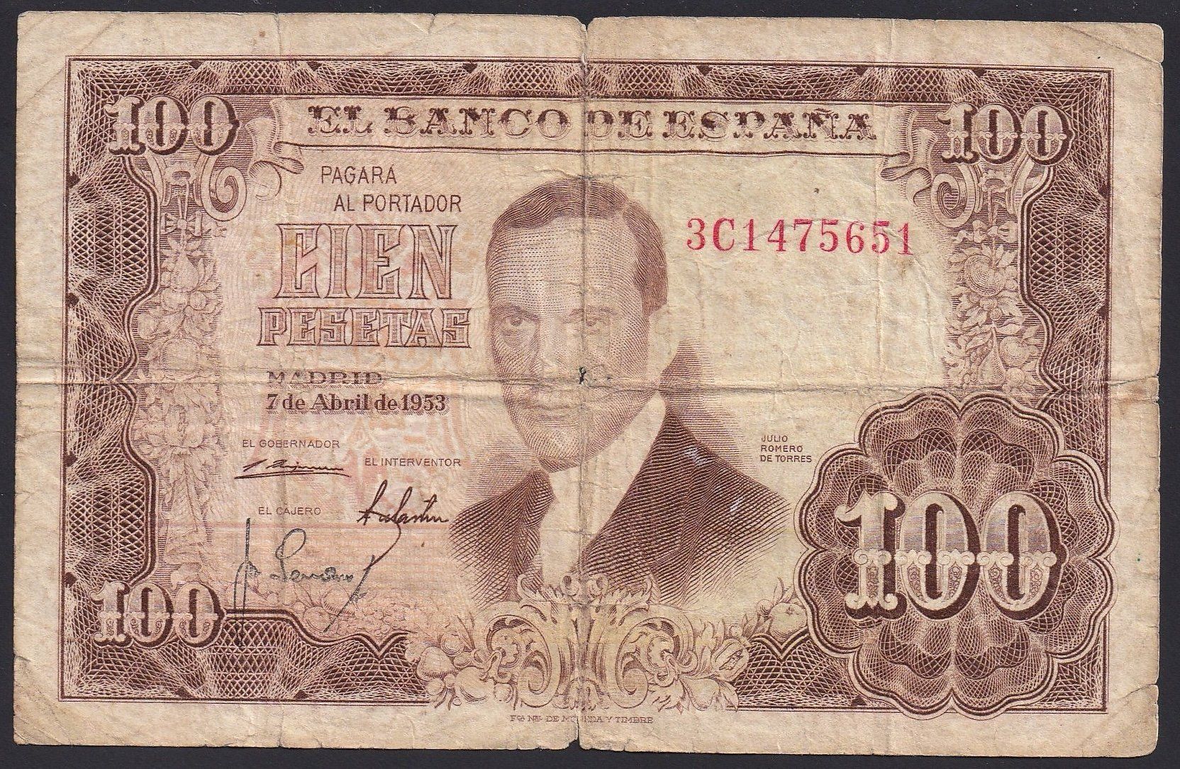 Banknoten: Spanien 100 Pesetas 1953 – Gebraucht aus Brugg AG von banknoten_muesli