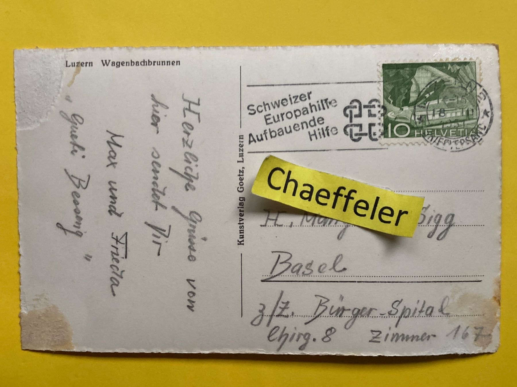 Ansichtskarten: 1951 Luzern, Wagenbachbrunnen – Defekt aus Zürich von Chaeffeler 1