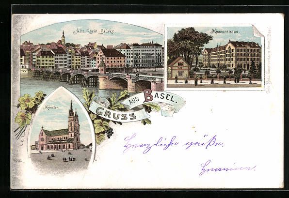 Cartoline postali: Litho Basel, Alte Rhein Brücke, Mission – Usato da Berlin venduto da bartko-reher