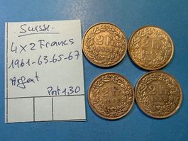 4x 2 Francs Argent Suisse 1961-63-65-67, Belle Offre!