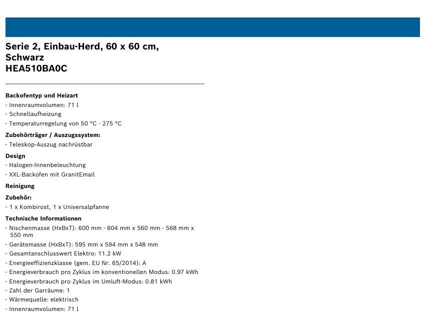Cucine: 308 Bosch HEA510BA0C Einbau-Herd, 60 x 60cm – Nuovo (secondo la descrizione) da Derendingen venduto da Meisterstuecke 2