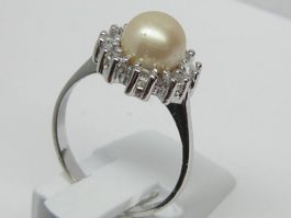 Silber Ring 925 / Perle / weisse Schmucksteine / Gr. 55