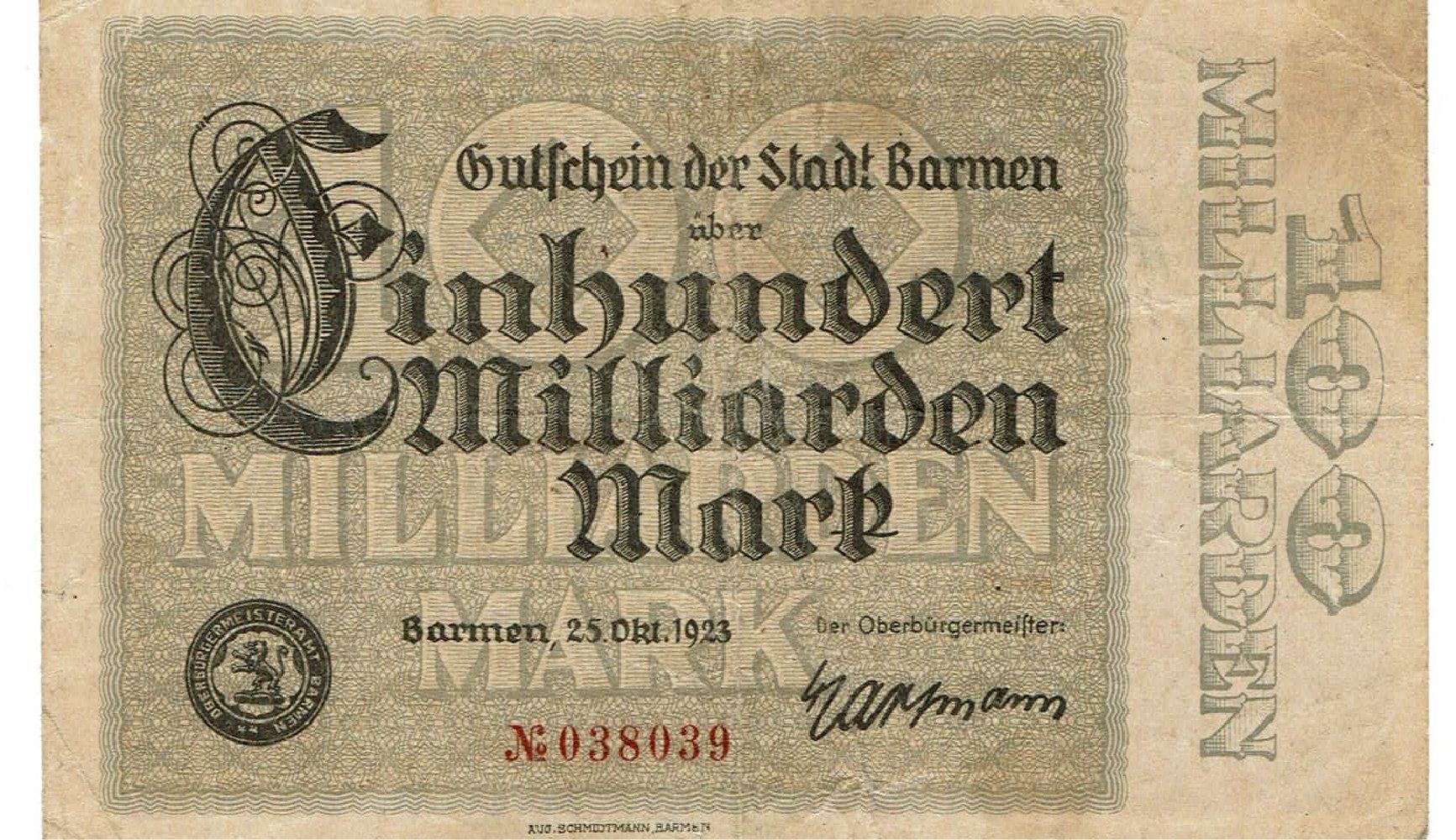 Banconote: Barmen 100 Mrd.Mark SN rot 25.10.1923 SS+-SS++ – Usato da Steffisburg venduto da ber_8htf