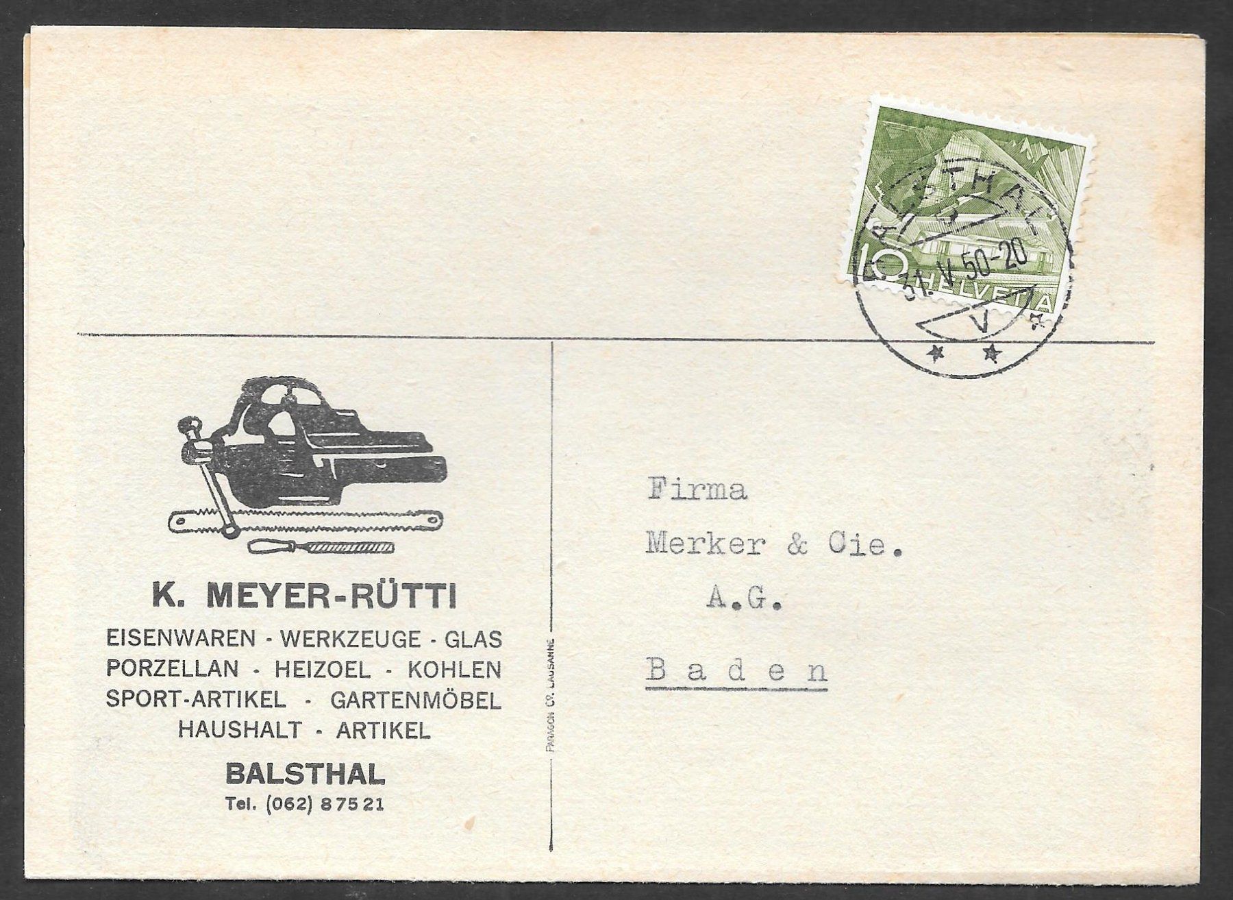 Tutti i francobolli: Balsthal illustr. Postkarte Meyer-Rütti Eisenwaren 31.5.1950 – Usato da Olten venduto da clotaldi