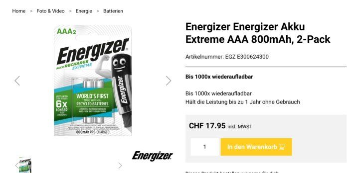 Batterie: 2 Stk. Energizer Recharge Extreme AAA Batterien – Nuovo e nell'imballaggio originale da Uerkheim venduto da Kaufoption 1
