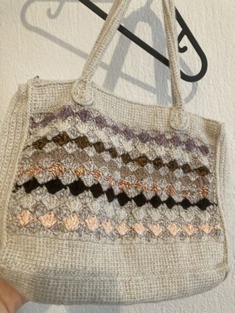 Handmade Crochet Tote Bag Beige Patterned Zipper Closure