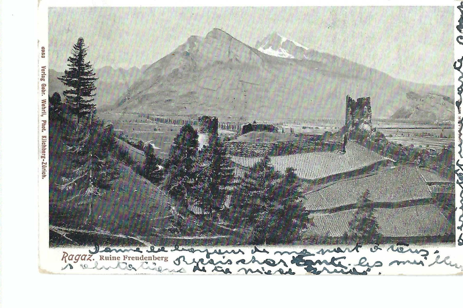 Ansichtskarten: Ragaz Ruine Freudenberg mit Bergen 1906 – Gebraucht aus Thun von 44wart