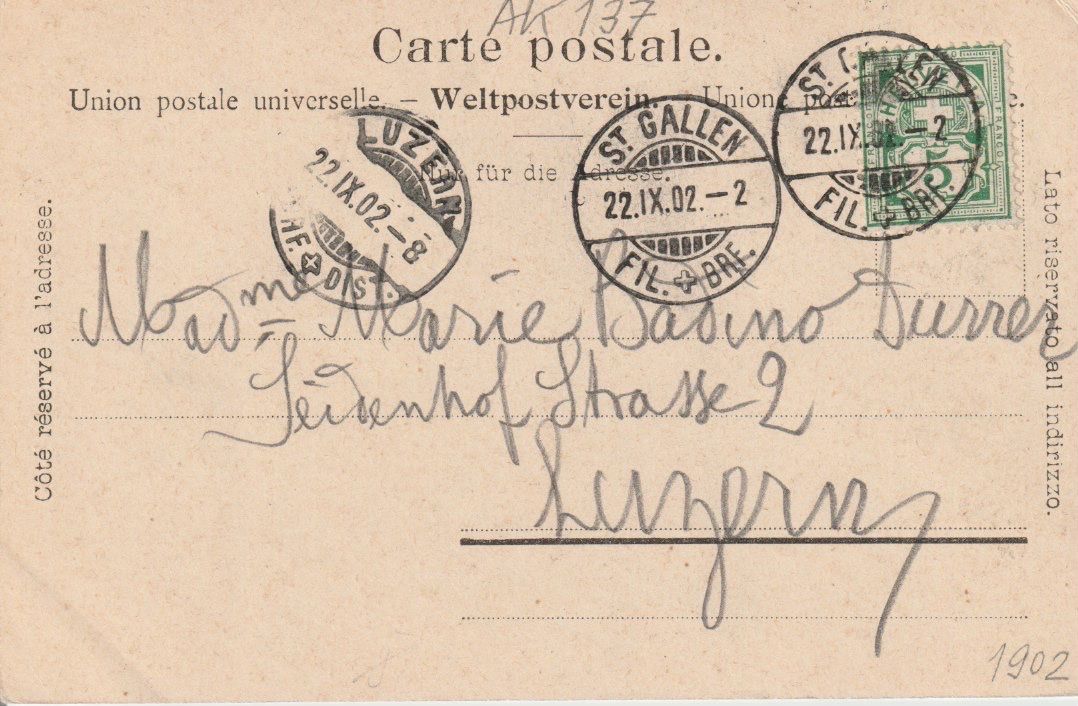 Cartoline postali: AB 137 St. Gallen, Kloster, 1902 – Usato da Freienbach venduto da Bhaltis 1