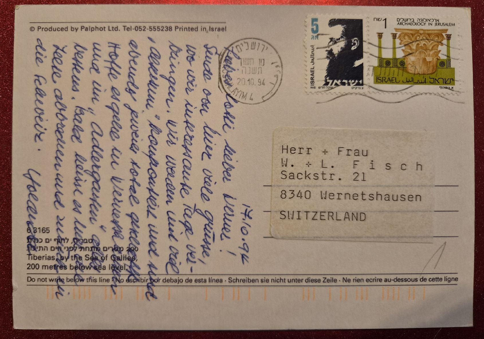 Cartoline postali: Tiberias Ansicht mit See 1994 – Usato da Melchnau venduto da Arthurius 1