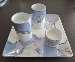Kerzenständer 3er-Set mit Teller blau/platin
