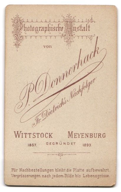 Fotografie & Manifesti: Fotografie P. Donnerhack, Meyenburg, CDV – Usato da Berlin venduto da bartko-reher 1