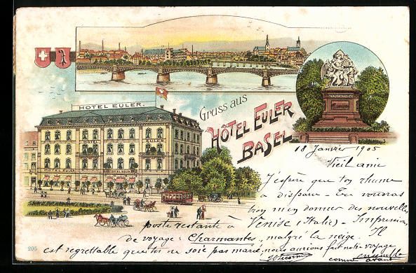 Ansichtskarten: Litho Basel, Hotel Euler mit Strasse, Or – Gebraucht aus Berlin von bartko-reher