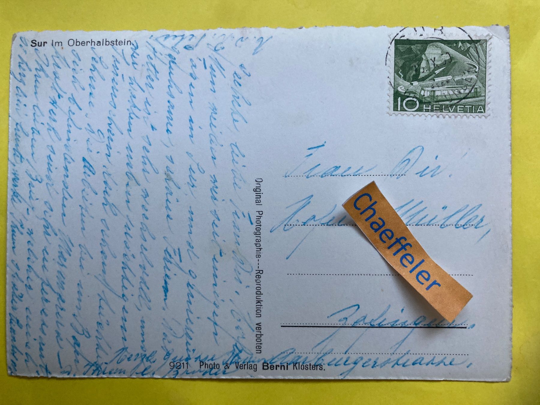 Cartoline postali: 1950 Sur im Oberhalbstein – Usato da Zürich venduto da Chaeffeler 1