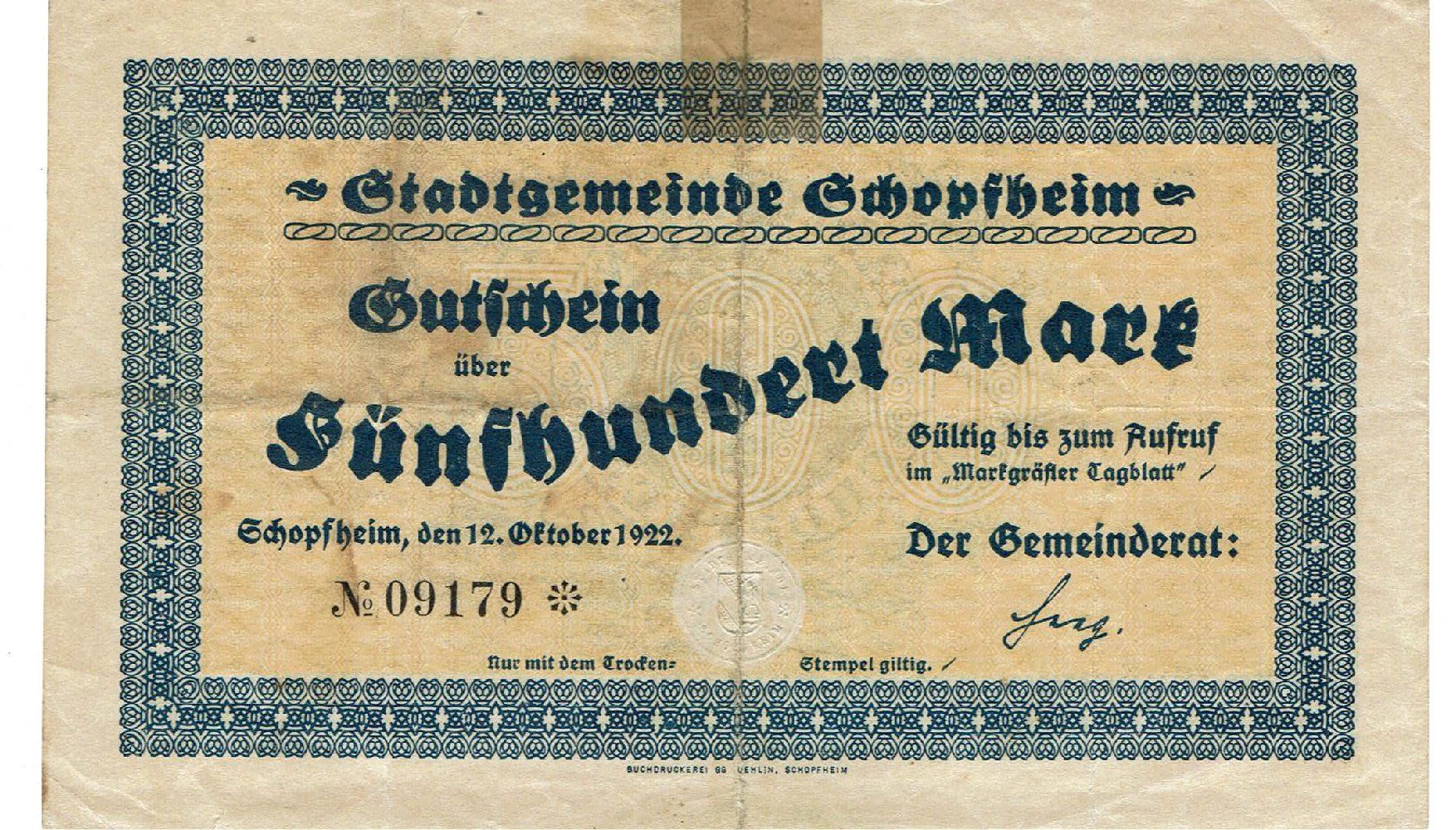 Banconote: Schopfheim 500 Mark 12.10.1922 SS+ – Usato da Steffisburg venduto da ber_8htf