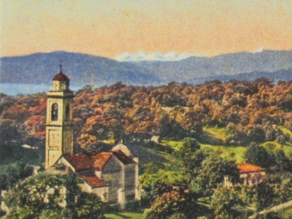 Cartoline postali: Astano mit Blick auf den Monte Rosa & Langensee , Kirche – Usato da Grenchen venduto da Bluemchen1900