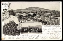 Lithographie Olten, Bahnhof aus der Vogelschau, Burg Säli un
