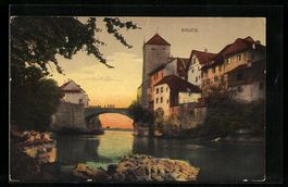 Brugg, Flusspartie mit Häusern im Abend