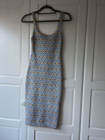 Sommerkleid - figurbetont - blau/weiss/gold - Gr.XS