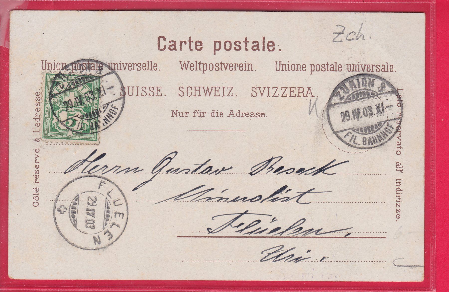 Ansichtskarten: ZÜRICH, LANDESMUSEUM, 29.4.1903 – Gebraucht aus Oberrieden von Gebirgsstelze 1