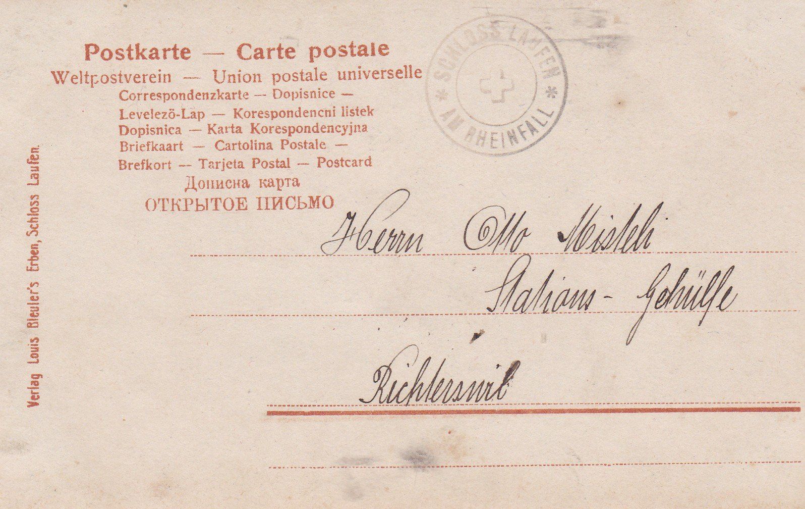 Cartoline postali: Alte Ansichtskarte: Rheinfall, Schloss Laufen – Usato da Neuenhof venduto da Wanton 1