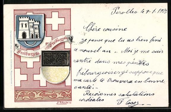 Cartoline postali: Litho Freiburg, Wappen vor dekorativem H – Usato da Berlin venduto da bartko-reher