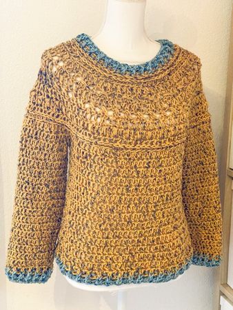 Gehäkelte Topdown Pullover Pulli tweed gelb