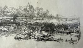 Radierung Rembrandt Landschaft mit Stadtansicht signiert 164