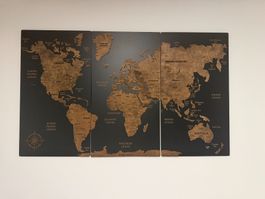 3D Weltkarte aus Holz – Wanddekoration, 3-teilig, Schwarz