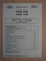 Prospekt Preisliste Ford 17M und 20M inkl. RS 1969