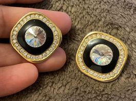Vintage Ohrclips, Schwarz-Gold mit Strass 80er
