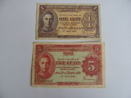 Banknoten Malaya 1 Cent und 5 Cents 1941, gebraucht