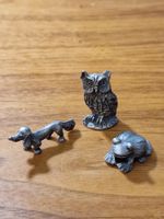 3er Set Tierfiguren Metall, Dackel, Eule, Frosch, Vintage
