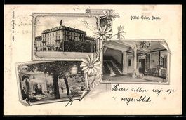 AK Basel, Hotel Euler, Innen- und Außenansicht, Partie im Ga