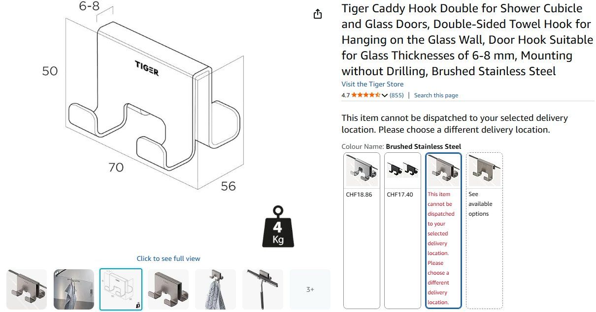 Ferramenta: Tiger Caddy Double Hook for Shower Door 6-8 mm – Nuovo e nell'imballaggio originale da Adliswil venduto da fashionholic 2
